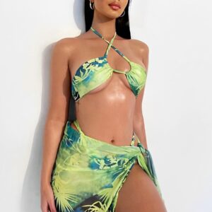 Hanging Neck Sexy Sheath Tie Mesh Skirt Tie Printed Bikini Set