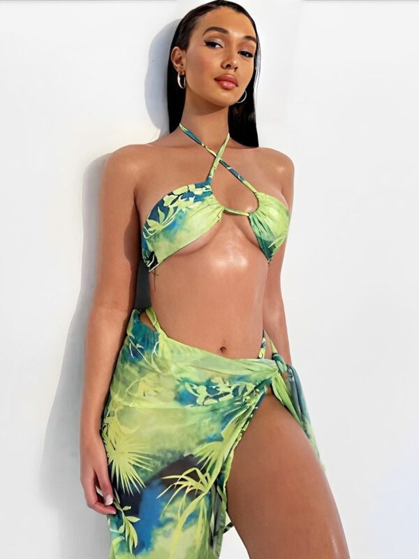 Hanging Neck Sexy Sheath Tie Mesh Skirt Tie Printed Bikini Set