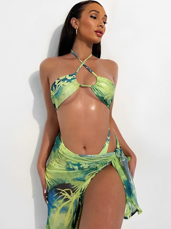 Hanging Neck Sexy Sheath Tie Mesh Skirt Tie Printed Bikini Set - Image 2